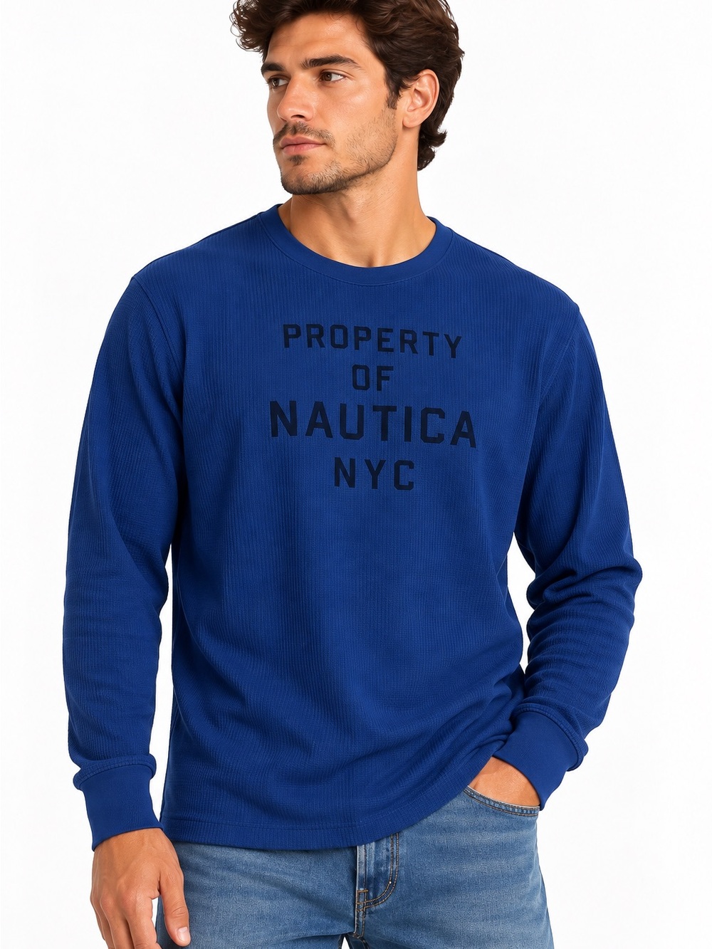 Nautica Men’s XL Blue Property of Nautica NYC Waffle Knit Long Sleeve Shirt